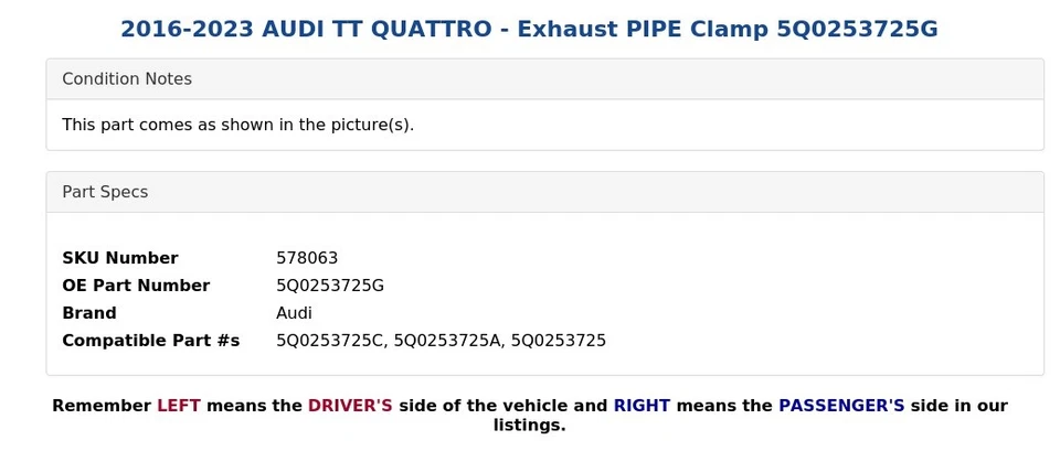 2016-2023 奥迪 TT 四轮 - 排气管夹 5Q0253725G — 第 4/4 张图片