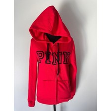Victoria's Secret PINK Red Full Zip Hoodie Sweatshirt Black Logo Womens Small