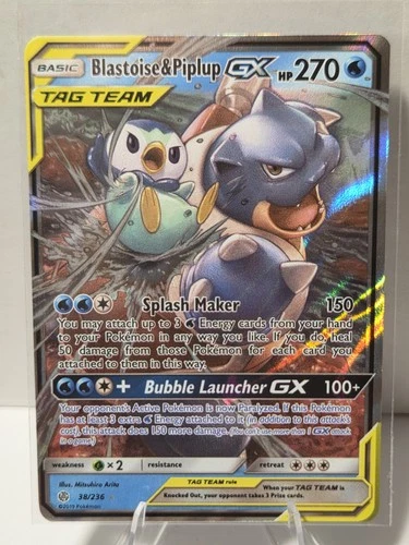 Pokémon Blastoise & Piplup GX Ultra Rare TAG TEAM Sm-Cosmic Eclipse 38/236 - NM