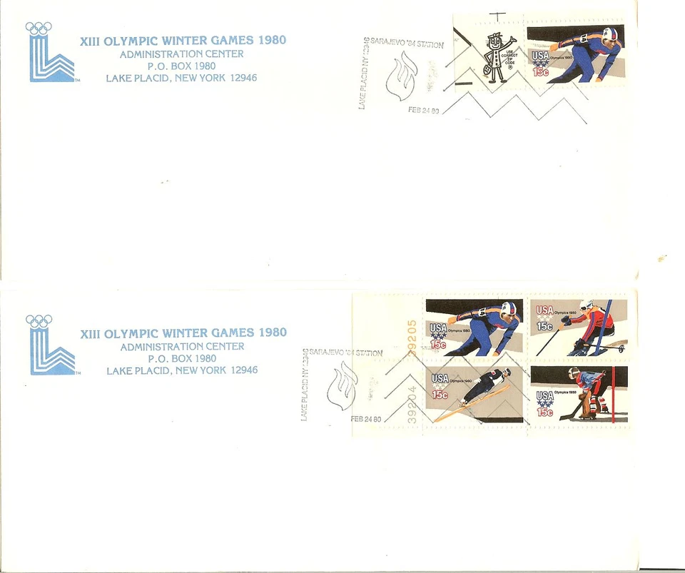 4 XIII OLYMPIC WINTER GAMES 1980 LAKE PLACID ADMIN CENTER SARAJEVO 84 CANCEL - Image 2 of 2