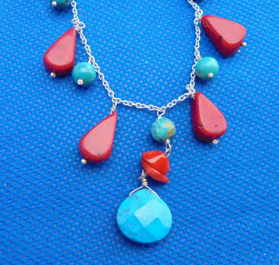 Collar Artesanal Piedra Mixta 16" Jaspe Turquesa Facetado Azul Gota 925 Cadena Foto 4 de 4