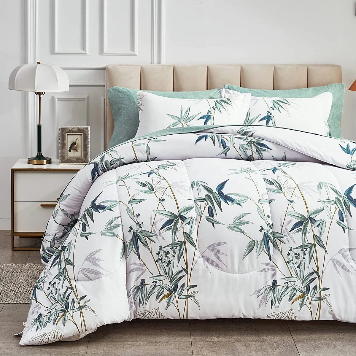 Botanical Bed in a Bag 7 Piece Queen Size Green Leaves on White Soft Microfibe