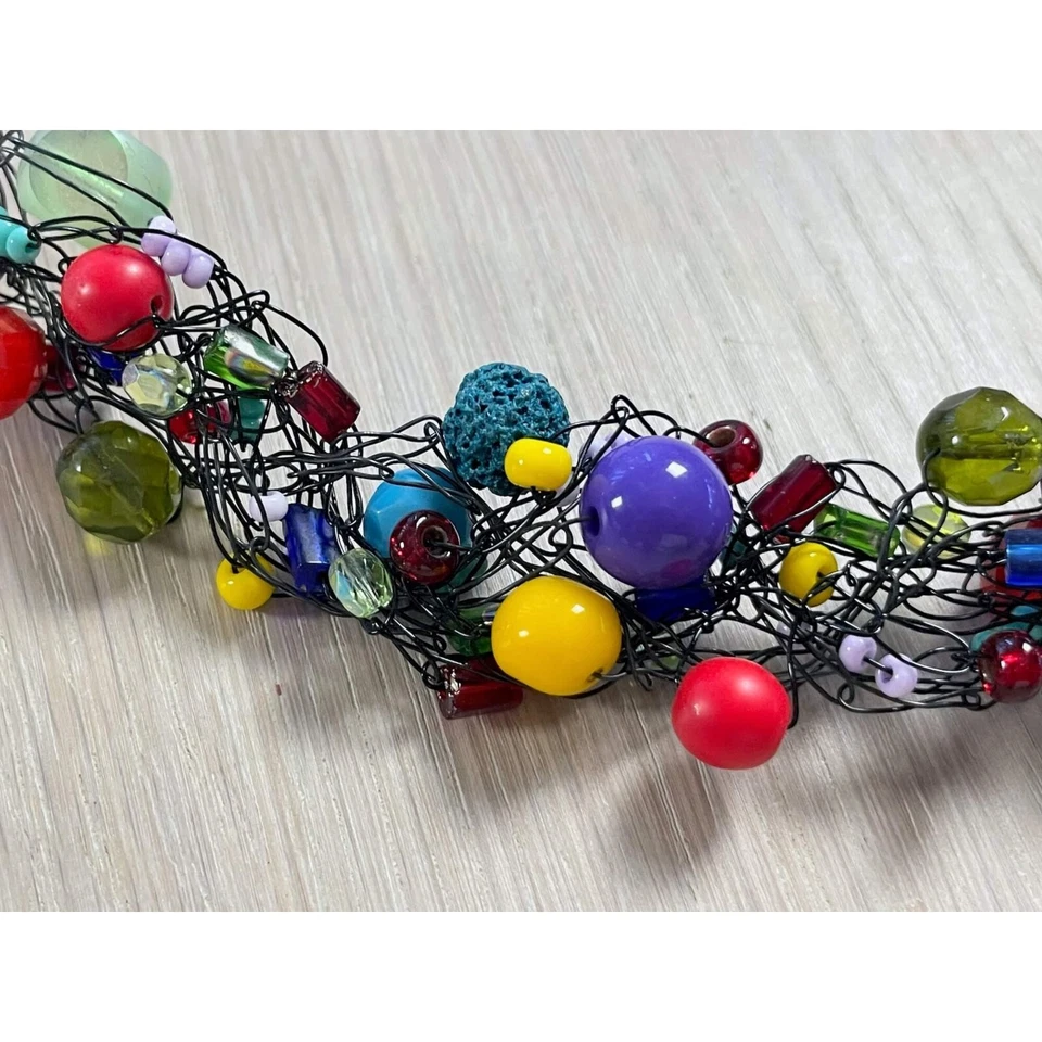 Handgefertigte bunte Draht gehäkelte Perlen Halskette einzigartig künstlerisc... - Bild 3 von 4