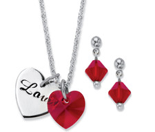 RED CRYSTAL BEADED EARRINGS SILVERTONE HEART NECKLACE SET