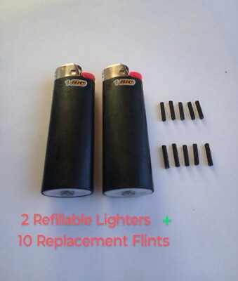 2 Refillable Bic Lighters - Black - w/ 10 additional replacement flints