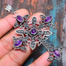 Cross Sage Amethyst Gemstone Handmade 925 Solid Silver Beautiful Jewelry Pendant