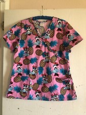 Disney Medical Scrub Top Sz Large Minnie Mouse Hawaii Pineapple Pink