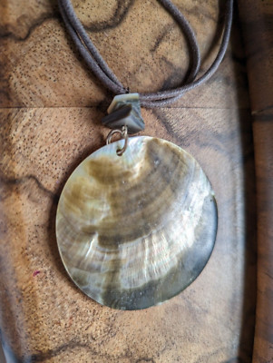Vintage Statement Chunky Shell Pendant with Brown Cord & extra black cord 2''x2''