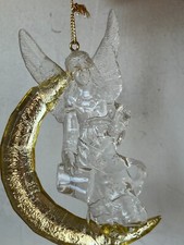 Vintage Clear Angel on Gold Crescent Moon Christmas Plastic Ornament 5"