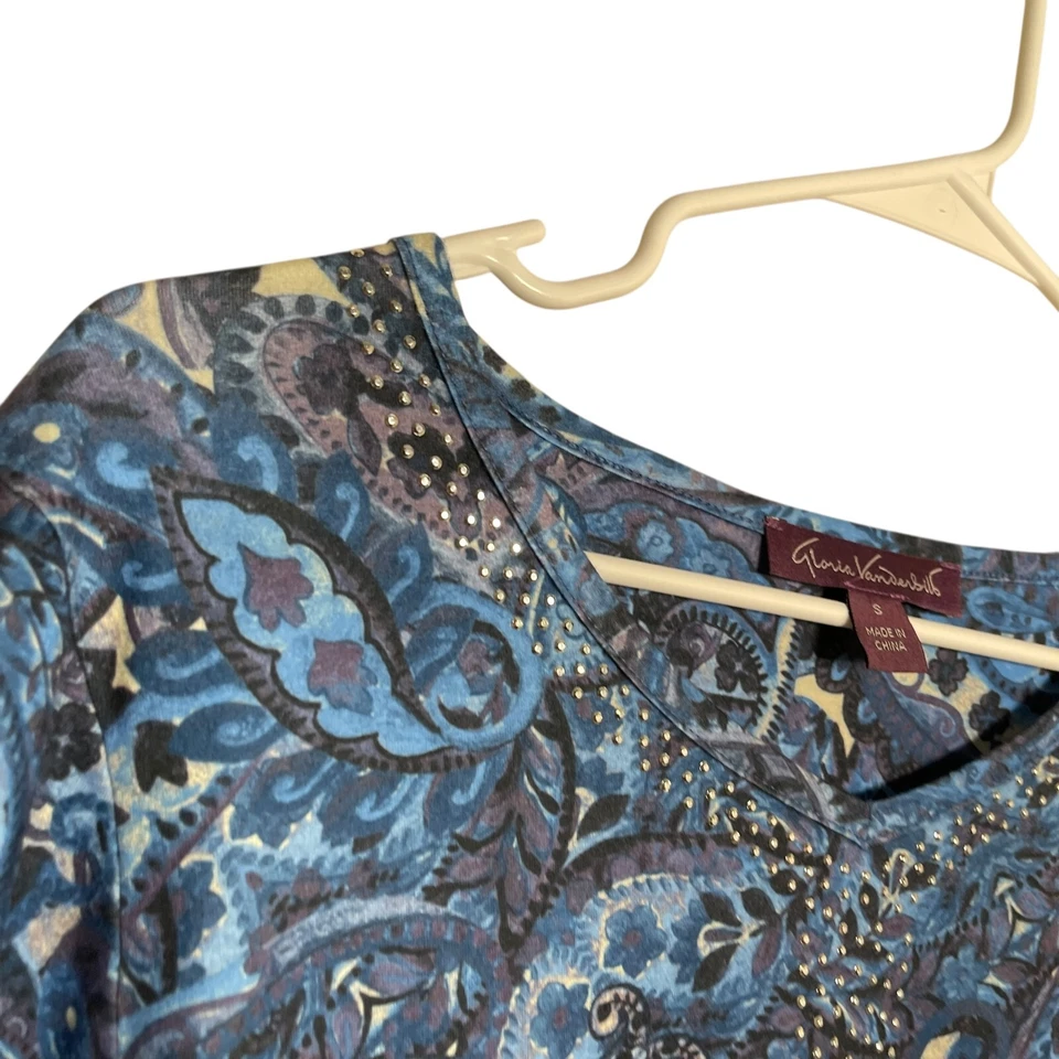 Gloria Vanderbilt Shirt Women's Small Rhinestone Blue Printed Casual Blouse Top Foto 4 de 4