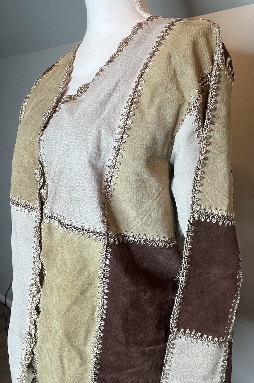 Vtg Patchwork Leather Suede Suit Jacket & Skirt P… - image 4