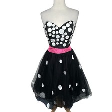 Jovani Polka Dot Dress 8 Black White Strapless Sweetheart Pink Sash Tulle Mini