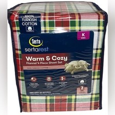 Serta Flannel King Sheet Set Heavy Tartan Plaid Soft Cozy Cotton Holiday
