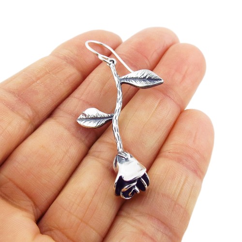 Long Rose and Stem Solid 925 Sterling Silver Dangling Earrings - Picture 5 of 5