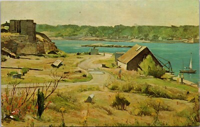Postcard Rockport MA Pigeon Cove Hill Sandy Bay Stone pier painting postcard
