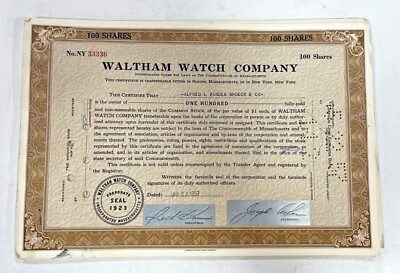WALTHAM WATCH CO 1950s MASSACHUSETTS 100 SHARE STOCK CERTIFICATE