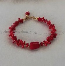 Natural Red Coral Chip Irregular Freeform Barrel Gemstone Beads Bracelet 7.5''