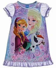 Frozen Girls Anna, Elsa and Olaf Satin and Tulle Nightgown Pajama Gown, Size 8