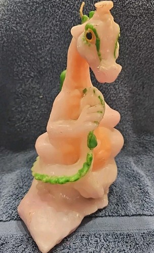 Wax Dragon Candle Sitting Praying Green Orange/Peach Vintage