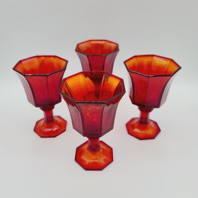 4 Vtg Octagonal Ruby By Independence Juice / Wine Glasses Amberina Glowy Glass