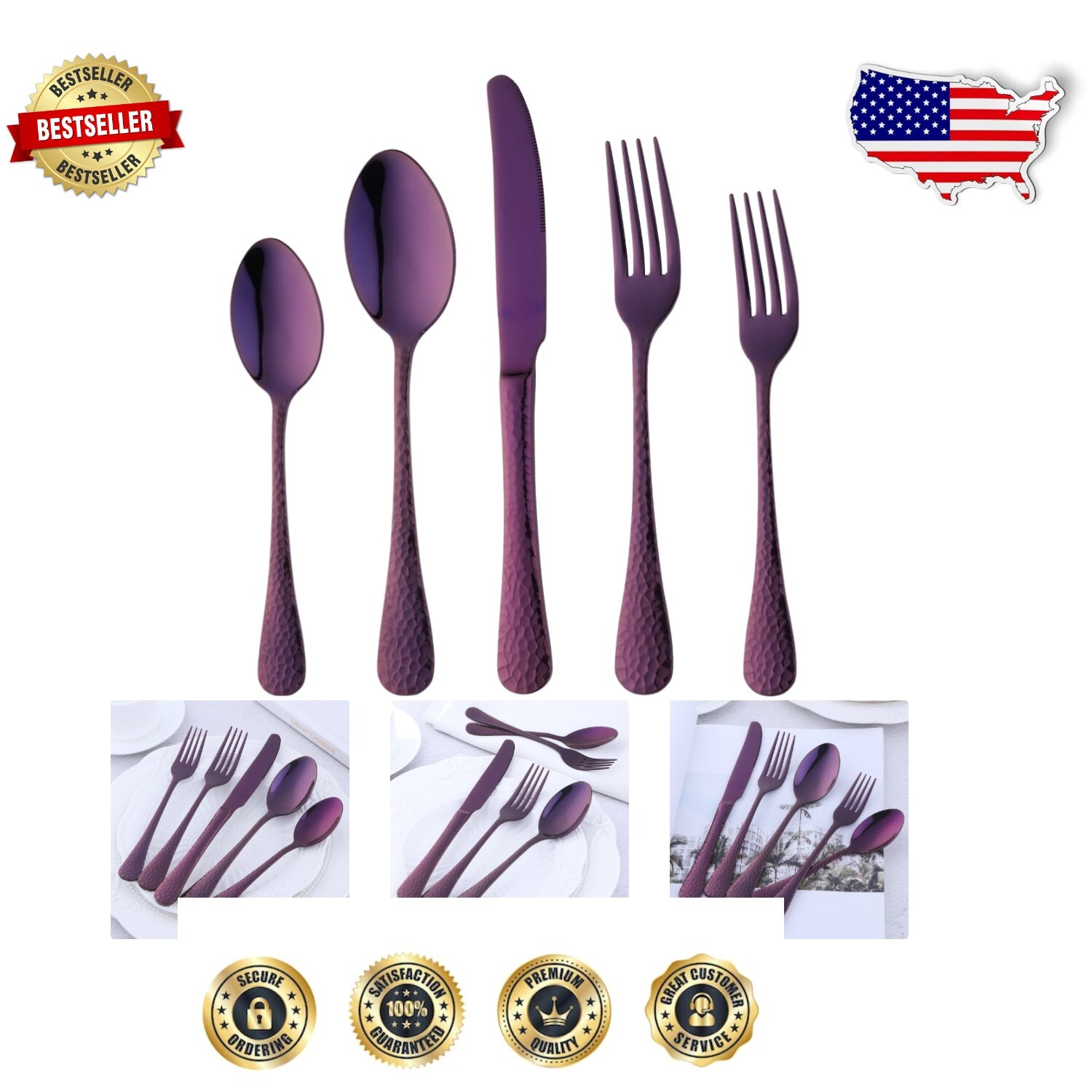 Elegant Purple 20-Piece Hammered Stainless Steel Cutlery Set for Entertaining