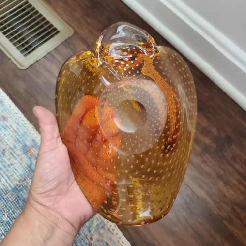 Vintage Murano Folded Edge Art Glass Bowl Ashtray Amber Controlled Bubbles Italy - Picture 4 of 7