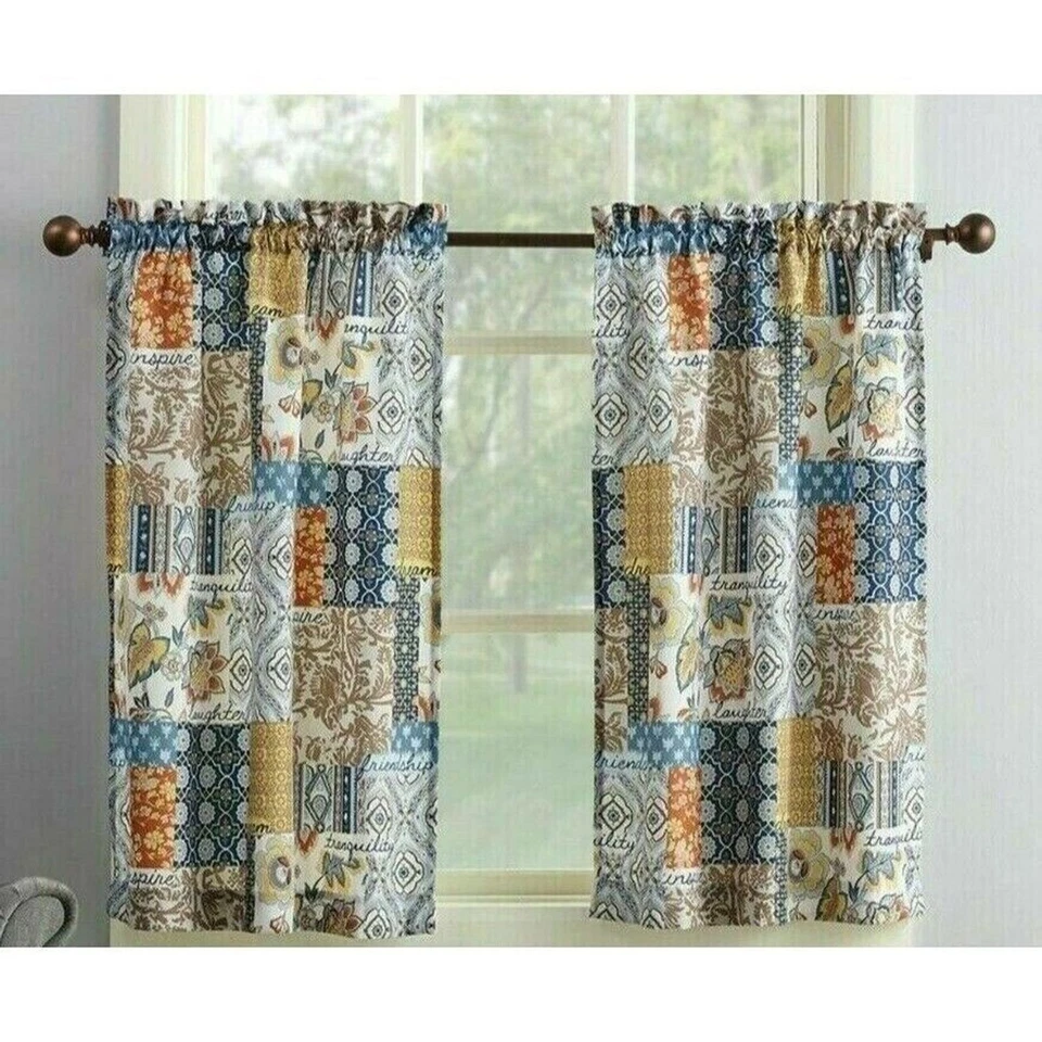 Amelia Patchwork Kitchen Curtain Valance Microfiber Navy Blue Tan Red Spice NEW - Image 4 of 4