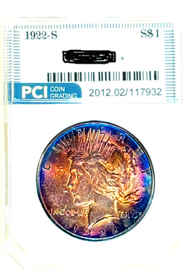 1922-S Rare Date  Peace Dollar Gem BU + Exceptional Vibrant Rainbow Toned Obv.