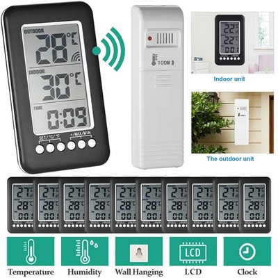 Digital Thermometer Clock LCD Temperature Meter Transmitter Humidity Monitor US