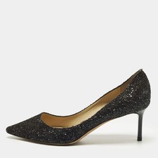 Jimmy Choo Romy Size 38 Black Glitter Pointed Toe Pumps