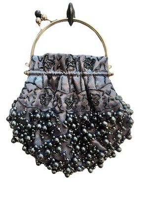 Mad By Design Grey Black Pearl Beaded Bracelet Handle  Purse Boho prom weddi g