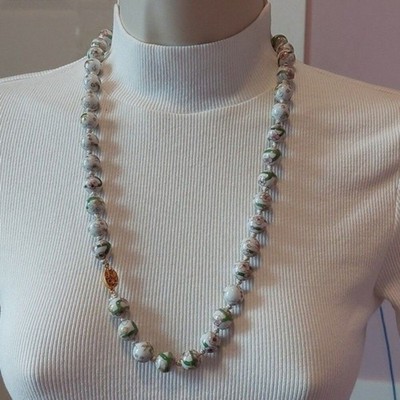 Vintage Hand Painted Ceramic Bead Necklace Floral Pattern Tab Insert Clasp