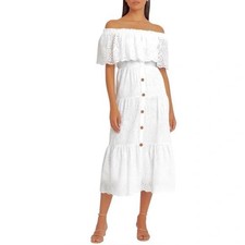 Eliza J Womens Dress Size 2 White Cotton Eyelet Off Shoulder Ruffled Midi New