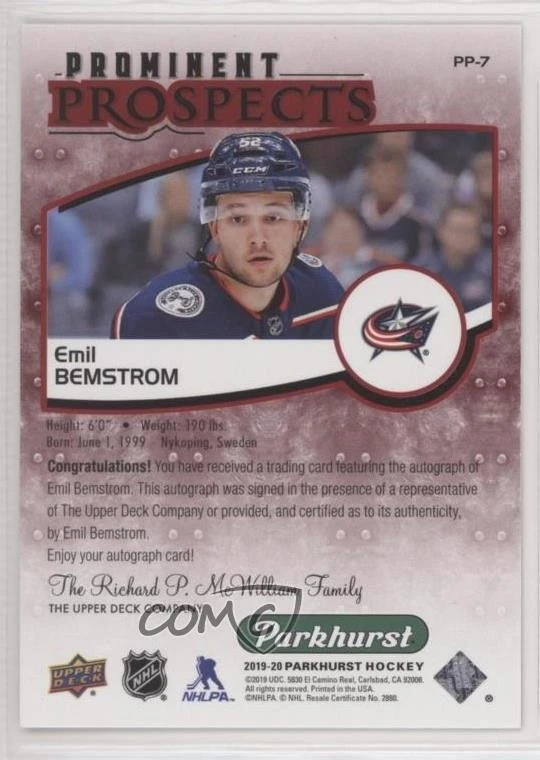 2019-20 Parkhurst Prominent Prospects Red /10 Emil Bemstrom #PP-7 Rookie Auto RC - Image 2 of 2