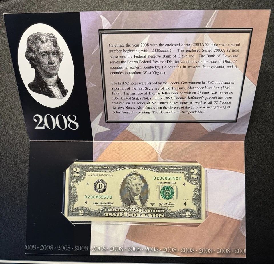 Five (5) consecutive serial $2 notes - 2008 Cleveland - original govt packaging - Image 4 of 4