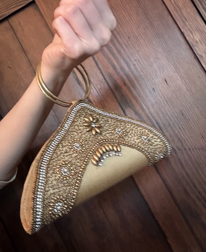 Pulsera vintage años 60 noche bolso con cuentas mini micro monedero dorado marrón único Foto 2 de 4