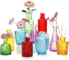 Set of 10 Colored Bud Vases Assorted Small Glass Flower Vases Vintage Carved ...