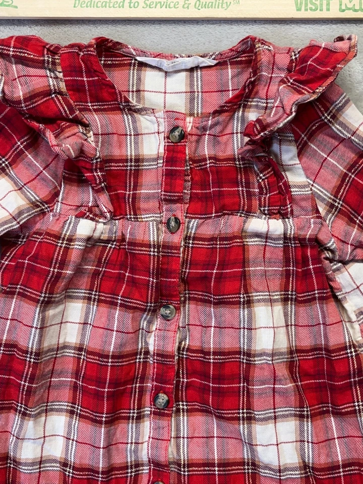 H&M Dress Kids 6 Red Plaid Pullover Long Sleeve Round Neck Button Casual Comfort - Image 2 of 4