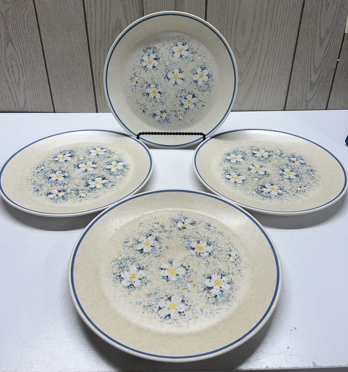 VTG Lenox Temperware Dewdrops Daisy Dinner Plates Blue MCM 70s Set  Of (4)