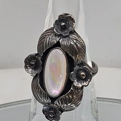 Anillo Navajo Vintage 925 Hoja Floral Plata Esterlina Madre Perla Años 80 Firmado JPS Foto 1 de 4