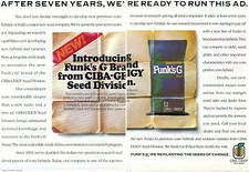 1989 2 Page Print Ad of Ciba Geigy Funk's G Hybrid Corn Seed Merger