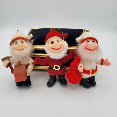 Adorable Trio of Vintage Flocked Santa & Santa's Helpers Elves Ornaments