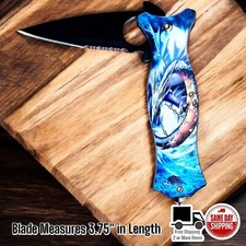 Blue Fantasy Fiery Dragon Print Folding Pocket Knife w/ 4.75" Handle