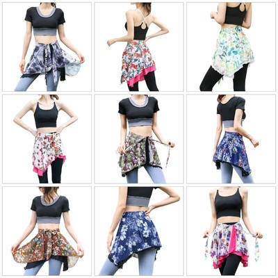 Women Self Tie Sport Athletic Yoga Wrap Skirt Flower Print Mesh Cover Up Skirt