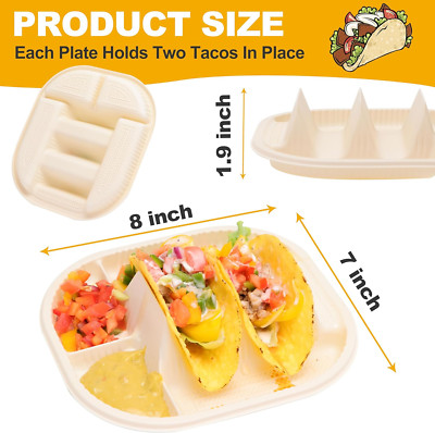 50 Pack Disposable Taco Holder with Dipping Sides, Biodegradable Cornstarch T...