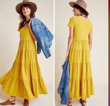 Maeve Anthropologie Gillian Mustard Tiered Maxi Boho Peasant Dress Sz XS Stretch