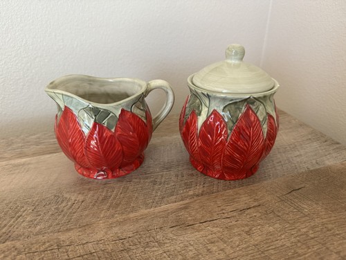 Christmas Creamer And Sugar Bowl Lid Red Poinsettia Ceramic Farm Chic