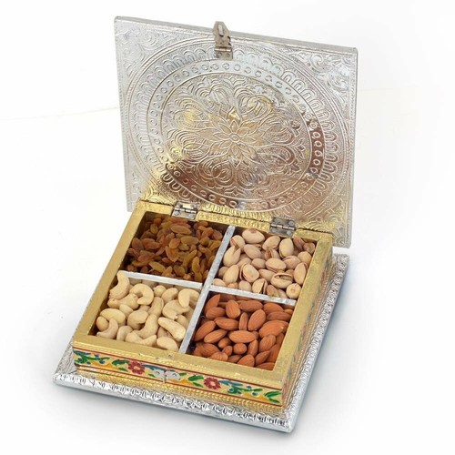 New White metal Meenakari Mukhwas Box/ Dry Fruit Box/ Decorative Item 8" x 8" - Picture 2 of 2