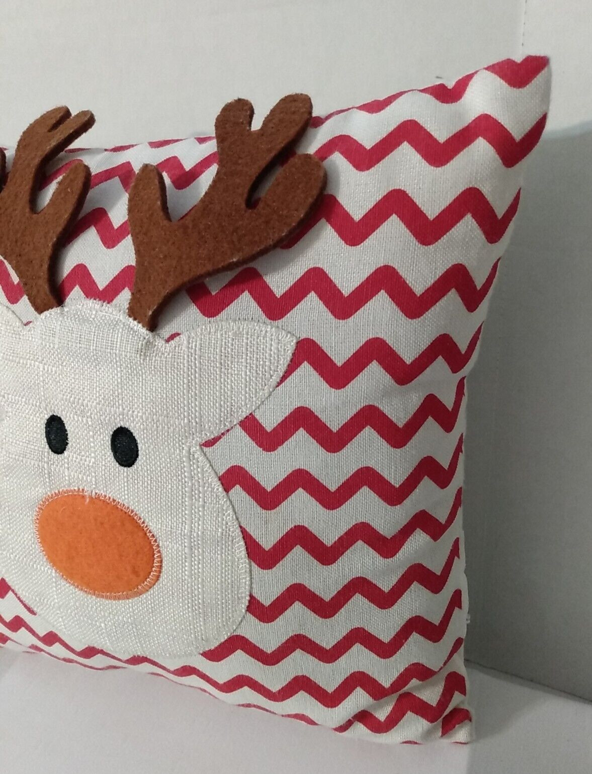 Dimensional Reindeer Red Zig Zag Background 10" Square Christmas Accent Pillow