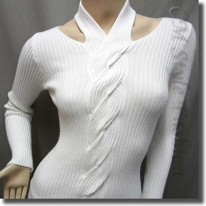 Sexy Blusa Top Cuello Halter Mangas Largas Patrones Retorcidos Blanco XS~S Foto 2 de 4